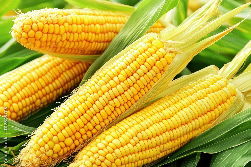 Fresh corn on cob with vibrant yellow kernels and green husks, showcasing beauty of nature harvest. Perfect for summer meals and outdoor barbecues Fresh corn on cob with vibrant yellow kernels and green husks, showcasing beauty of nature harvest. Perfect for summer meals and outdoor barbecues