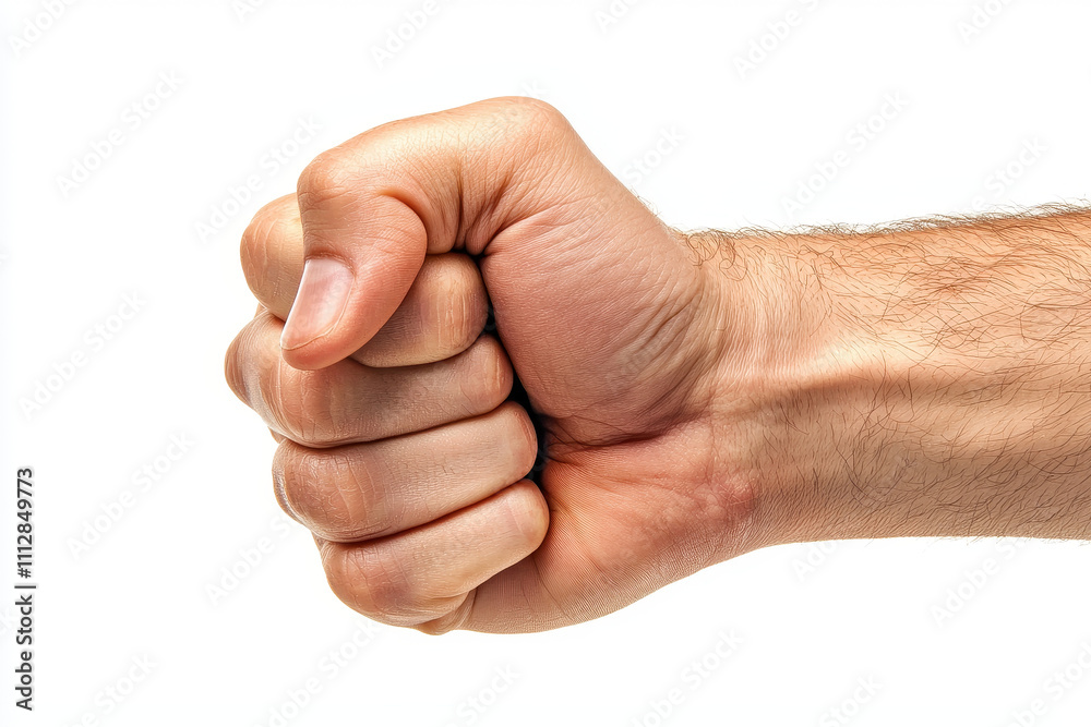 close up of male hand making fist, showcasing strength and determination. hand is well defined with visible veins and skin texture, set against white background close up of male hand making fist, showcasing strength and determination. hand is well defined with visible veins and skin texture, set against white background