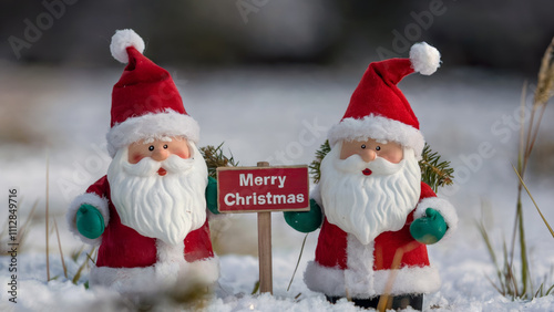 Two Santas holding a Merry Christmas sign in snowy field..