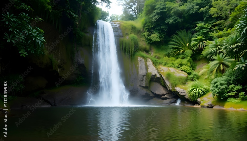 Serene Waterfall in Lush Green Tropical Forest with Clear Water Serene Waterfall in Lush Green Tropical Forest with Clear Water