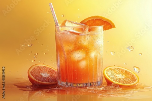Refreshing citrus drink with ice and fresh oranges on a vibrant yellow backgr...