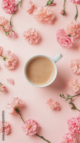 Relaxing coffee moment with pink flowers on a pastel background
