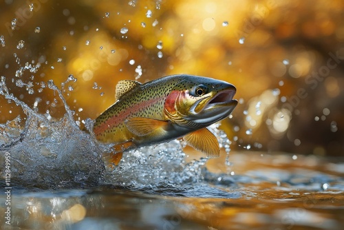 Rainbow trout leaping from a clear stream surrounded by autumn foliage