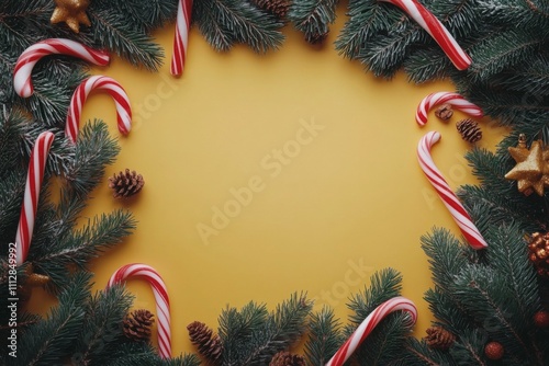 Colorful candy canes and pine branches adorn a bright yellow festive background