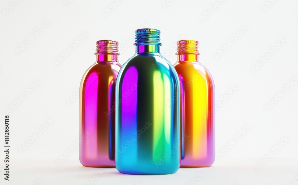 Three iridescent bottles in vibrant colors stand on a white background. A captivating display of color and design. Three iridescent bottles in vibrant colors stand on a white background. A captivating display of color and design.