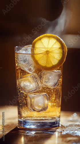 Refreshing citrus drink with sparkling water and dried lemon garnish in vibra...