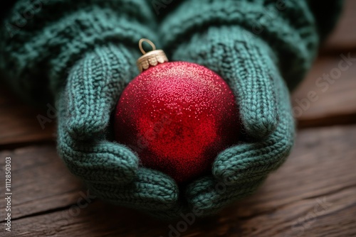Holiday spirit showcased with hands in green gloves holding a bright red orna...