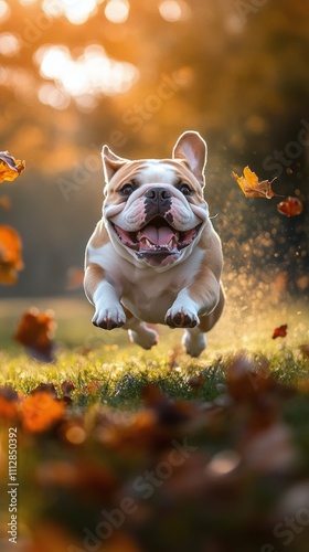 Happy dog jumps through colorful autumn leaves in a vibrant outdoor setting