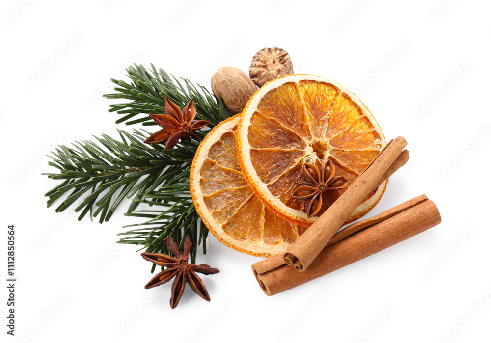 Different aromatic spices isolated on white. Christmas season Different aromatic spices isolated on white. Christmas season