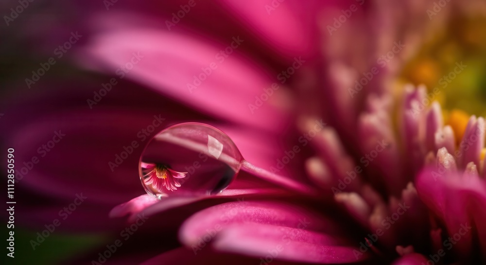Vibrant pink daisy reflected in water droplet macro Vibrant pink daisy reflected in water droplet macro