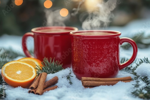Warm drinks with spices and oranges in a snowy winter setting
