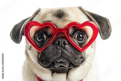 Cute pug wearing red heart shaped glasses in a light colored setting