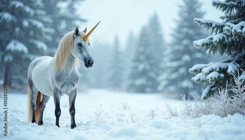 Majestic Unicorn in a Snowy Forest Surrounded by Evergreen Trees Majestic Unicorn in a Snowy Forest Surrounded by Evergreen Trees