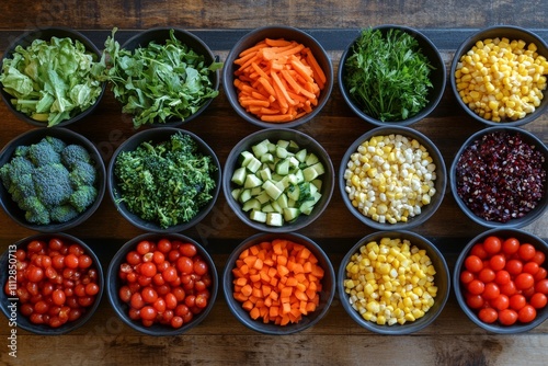 Colorful arrangement of fresh vegetables on a white countertop for healthy ea...