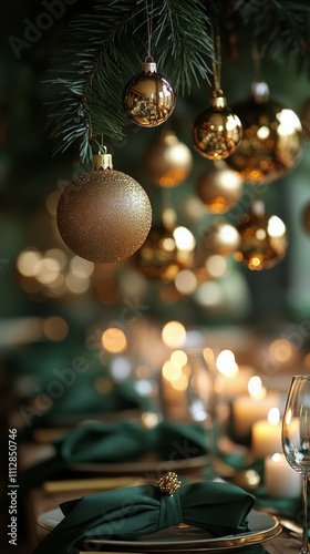 Elegant festive table setting with golden ornaments and candles in a warm atm...