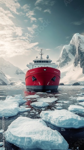 Red research vessel navigating icy waters surrounded by towering mountains in...