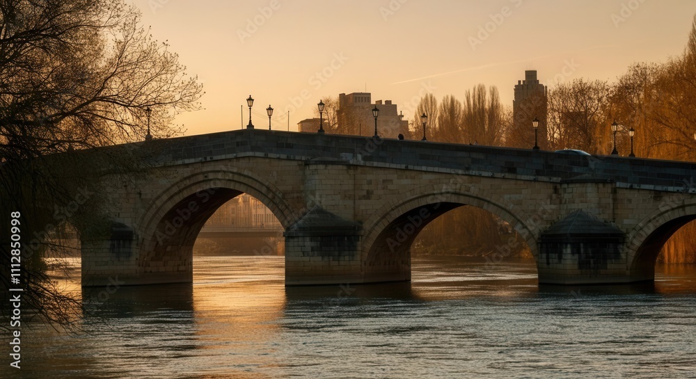 Fototapeta premium Serene sunset historic bridge reflecting on tranquil waters