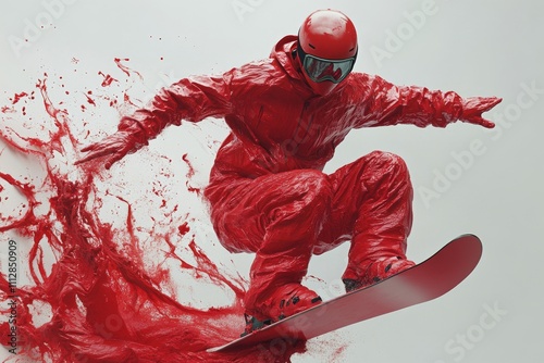 Snowboarder in bright red outfit descends snowy slope under cloudy sky