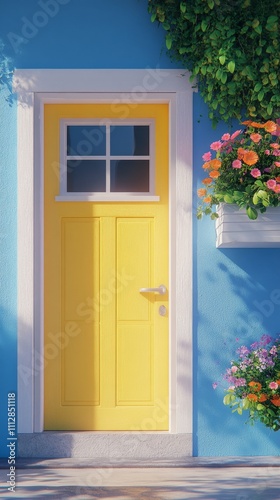Charming yellow door on a bright blue house adorned with flowers and greenery