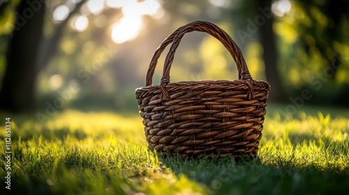A Rustic Woven Picnic Basket on Grassy Field, Ideal for Summer Outings and Family Gatherings. High-Resolution Image Perfect for Websites, Blogs, and Magazines.