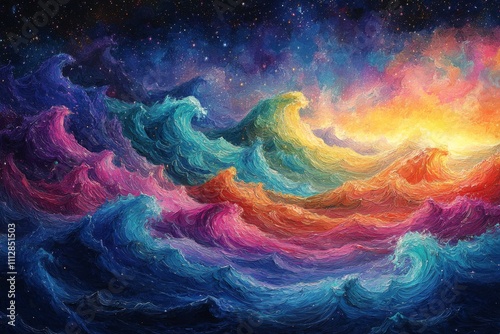 Abstract waves of color resembling a cosmic landscape with vibrant hues and s...