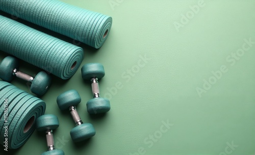Exercise equipment arranged on a green background with a yoga mat and dumbbell
