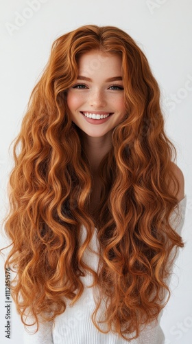Young woman with long, wavy red hair smiling against a plain background in so...