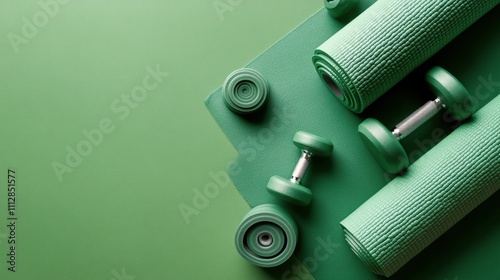 Green workout accessories arranged neatly on a soft mat for fitness enthusias...