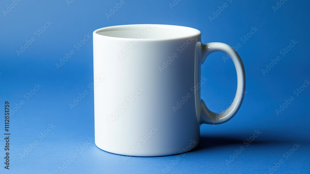 Fototapeta premium white coffee mug on blue background, perfect for beverages and showcasing designs. Ideal for personal use or as gift