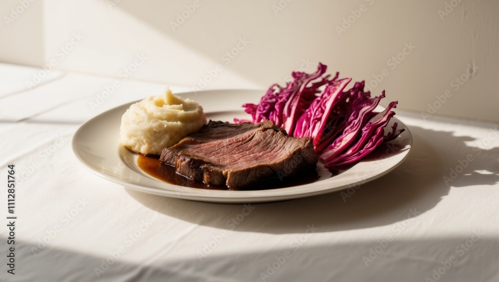 Roasted Beef with Mashed Potatoes and Red Cabbage. Roasted Beef with Mashed Potatoes and Red Cabbage.