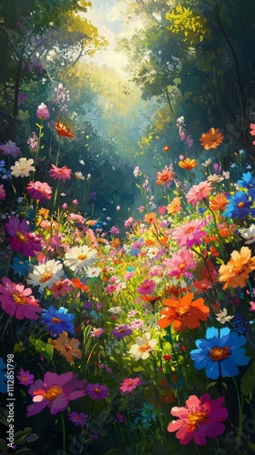 Vibrant wildflower meadow illuminated by sunlight in a lush forest setting