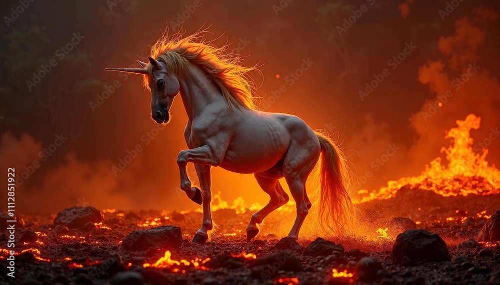 Obraz premium Majestic Unicorn in Fiery Landscape Surrounded by Erupting Lava