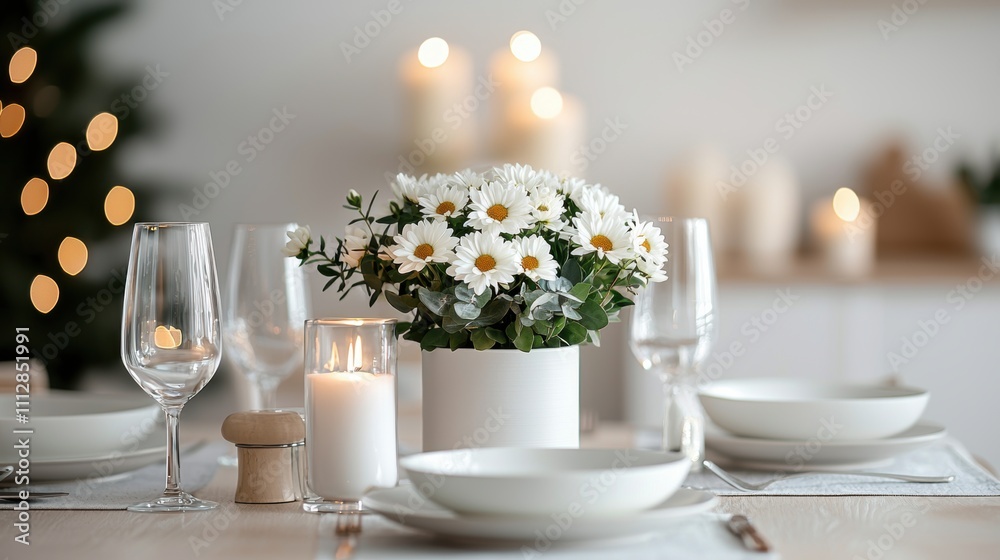Fototapeta premium White daisies in a ceramic vase on an elegant dining table with glassware and candles. Studio table setting with blurred festive background