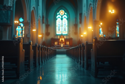 Beautiful interior of a historic church with stained glass windows and wooden pews photo