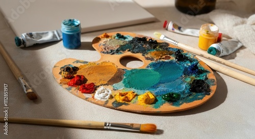 Artist's palette with colorful paints brushes on canvas