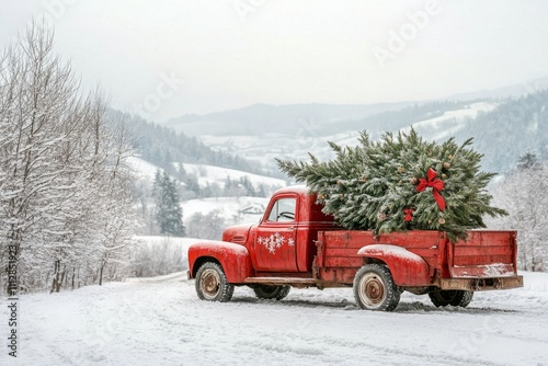 Red truck transporting Christmas tree through snowy landscape in winter season