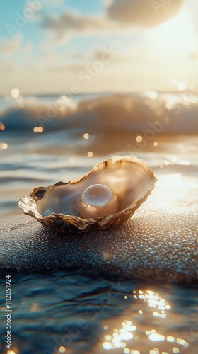 Beautiful pearl nestled in an open oyster on a serene beach at sunset