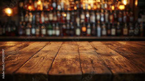 Rustic wooden bar counter with blurred bottle background