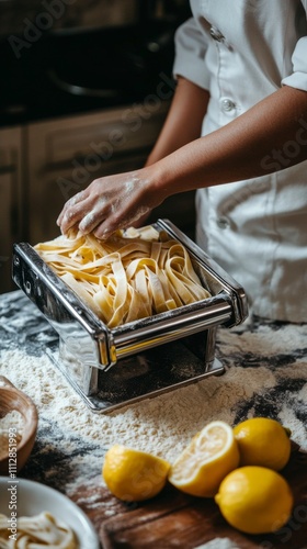 Preparing fresh pasta with lemon and flour in a cozy kitchen setting