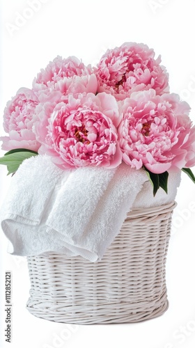 Elegant towel arrangement with pink peonies in a woven basket for home decor