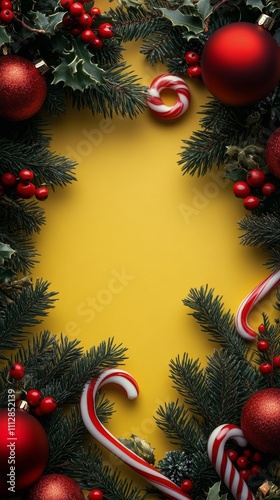 Holiday decorations with red ornaments and candy canes on yellow background