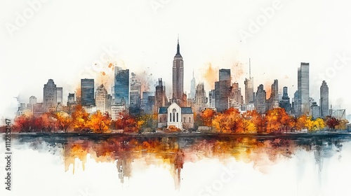 watercolor painting of a little church in new york cityscape skyline