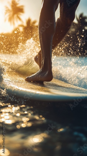 Surfer carving the waves during sunset on a tropical beach in warm waters