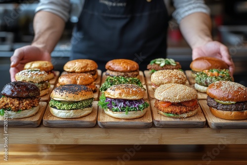 Delicious variety of gourmet burgers served on wooden platters at a trendy ea...