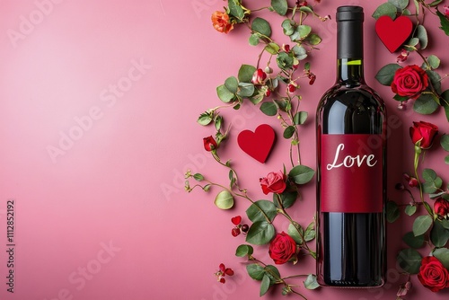 Elegant wine bottle surrounded by red roses and hearts for a romantic occasion