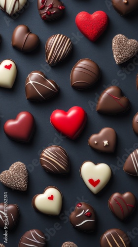 Assorted heart shaped chocolates arranged on a dark surface for a special occasion