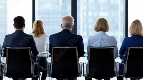 Back view of four business professionals sitting at a table in a modern office. Corporate meeting and teamwork concept