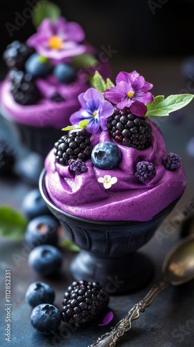 Delicious berry mousse topped with fresh fruits and edible flowers served in ...