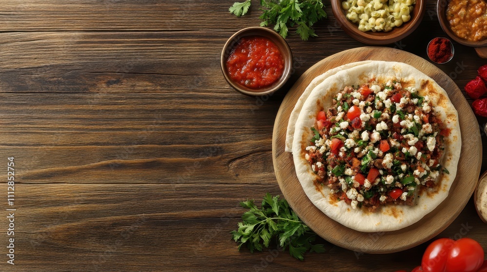 Delicious Middle Eastern flatbread topped with spiced meat, cheese, and vegetables. Delicious Middle Eastern flatbread topped with spiced meat, cheese, and vegetables.