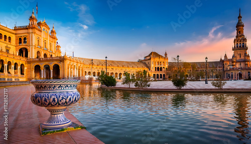 Nestled beside a serene waterway, a vibrant ceramic urn captures attention as the sun sets over Plaza de Espana in Seville